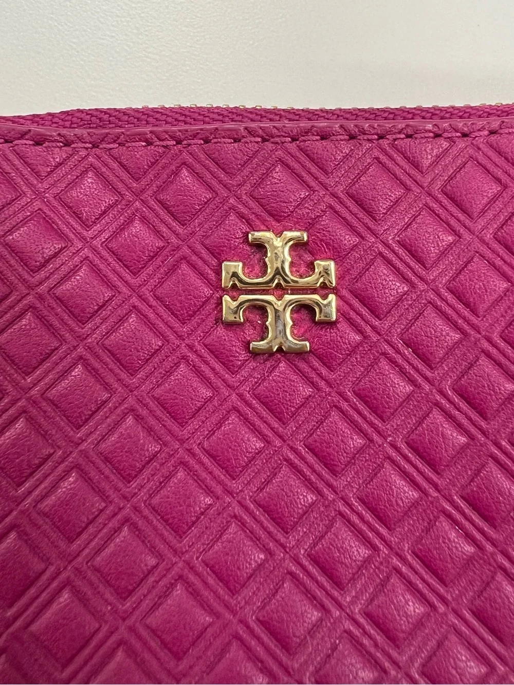 Tory Burch Marion Embossed Zip Coin Case Quilted Leather in Party Fuschia
